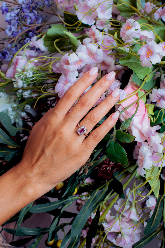 Cluster Round And Baguette Diamond Emerald Cut Pink Sapphire Rings