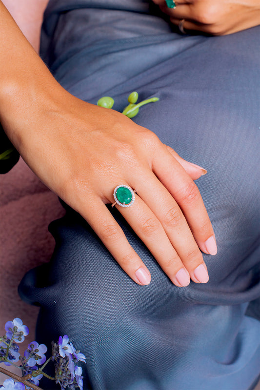 Cluster Diamond Oval Cut Emerald Ring