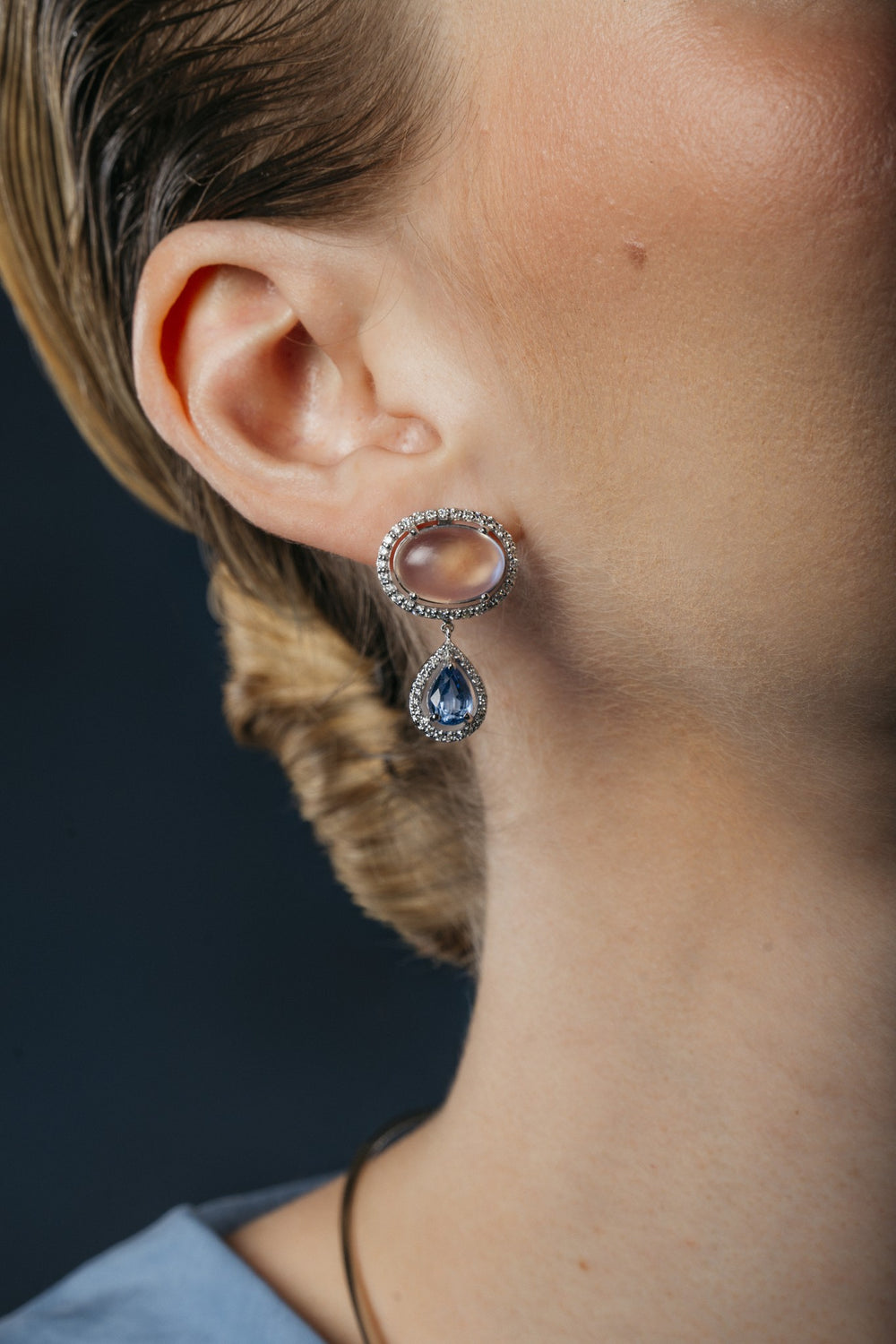 Sapphire Moon Drop Earrings on the model