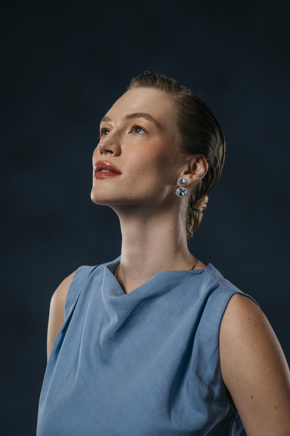 Primrose Hill Aquamarine and Diamond Drop Earrings on the model