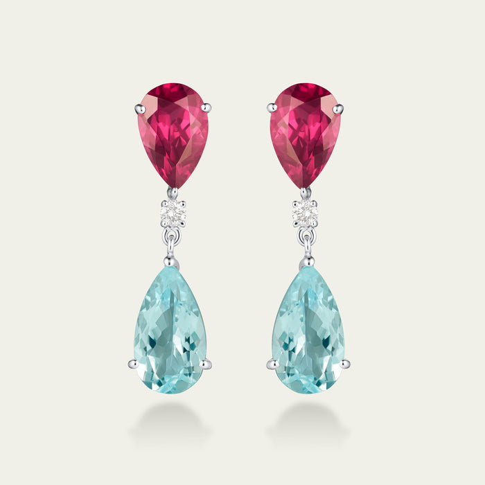 Sky Rose Aquamarine and Rhodolite Drop Earrings