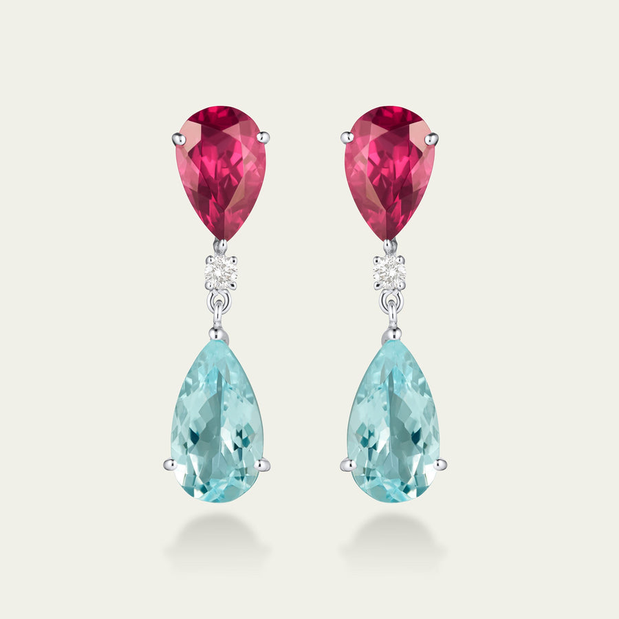 Sky Rose Aquamarine and Rhodolite Drop Earrings