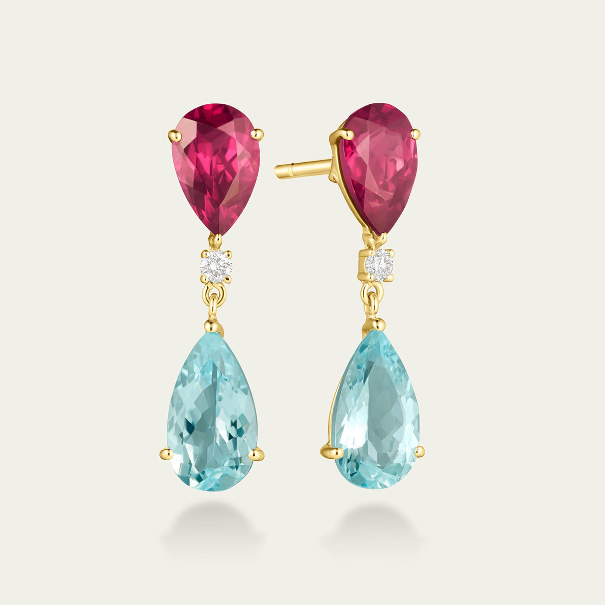 Sky Rose Aquamarine and Rhodolite Drop Earrings