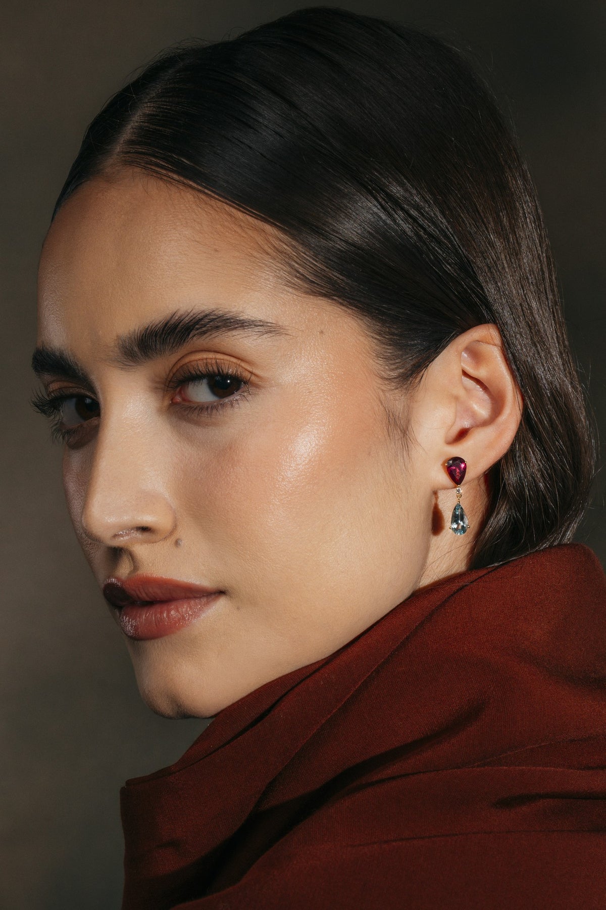 Sky Rose Aquamarine and Rhodolite Drop Earrings