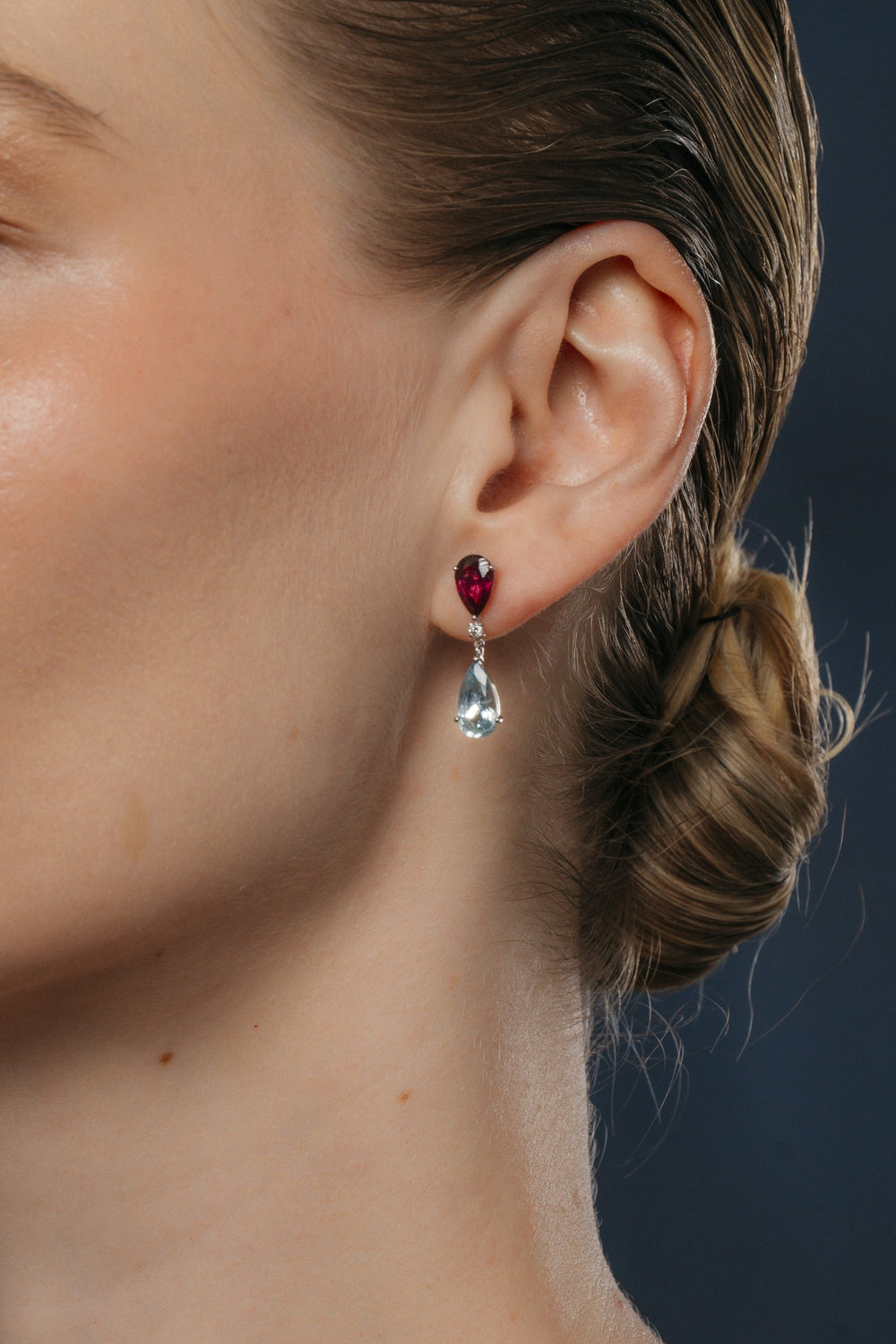 Sky Rose Aquamarine and Rhodolite Drop Earrings on the model