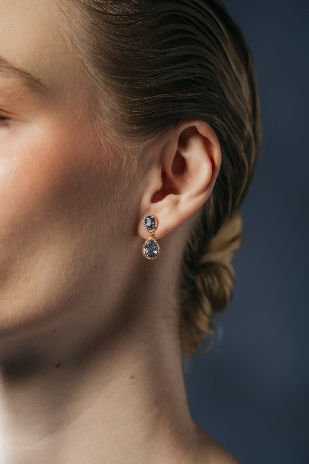 Blue Hour Oval Sapphire Drop Earrings on the model