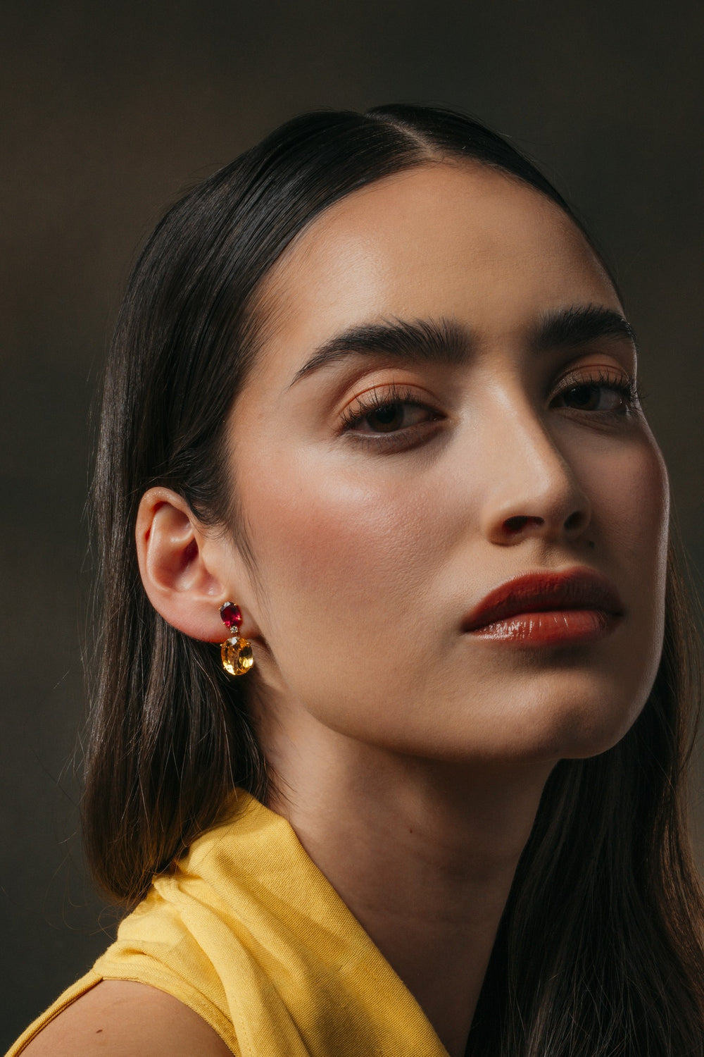 Saffron & Rose Oval Drop Earrings on the model