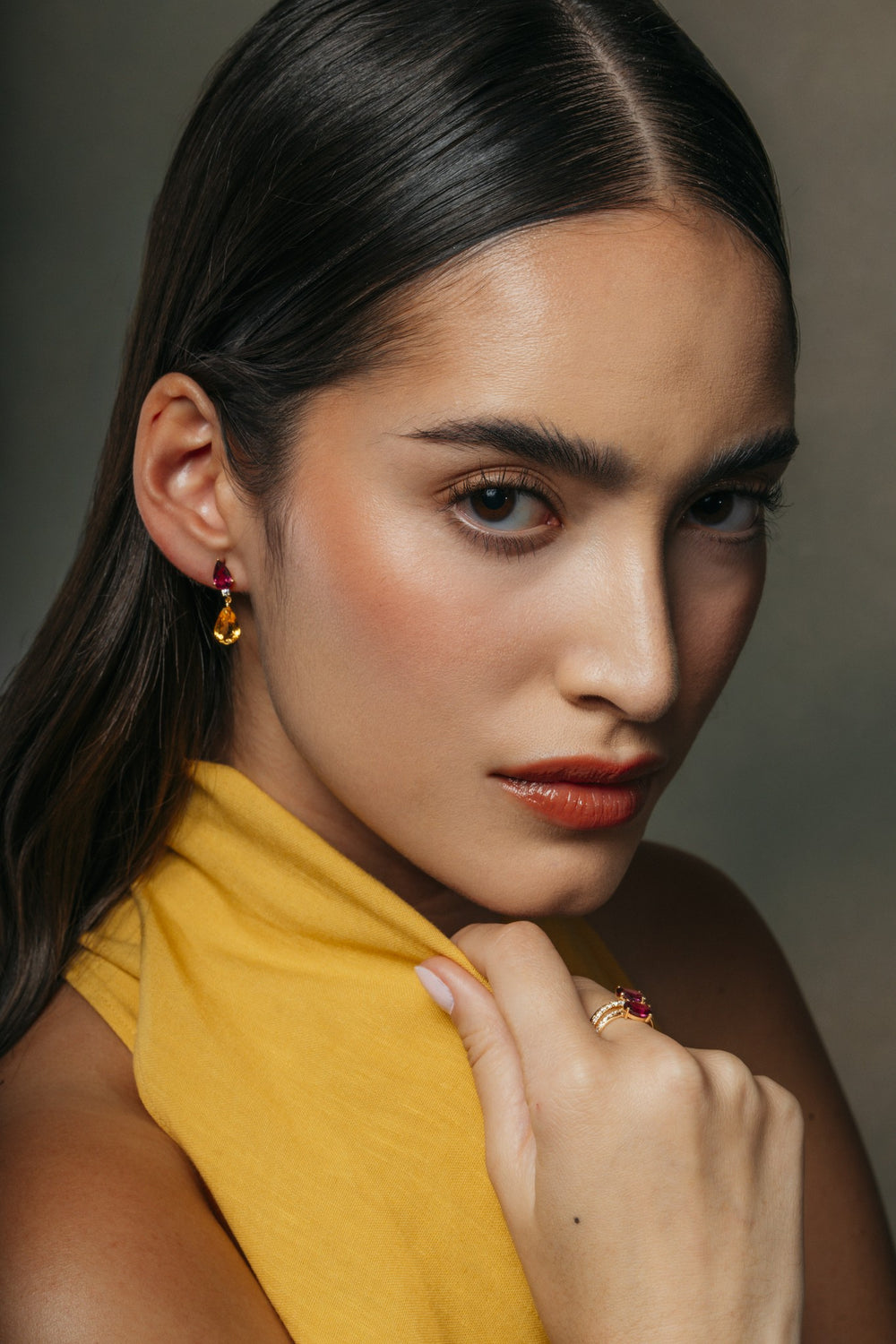 Saffron & Rose Pear Drop Earrings on the model