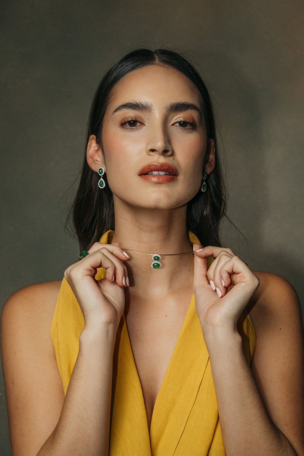 Emerald Silk Cabochon Pendant on the model