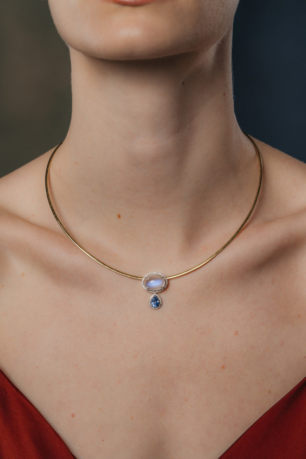 Sapphire Moon Pendant on the model