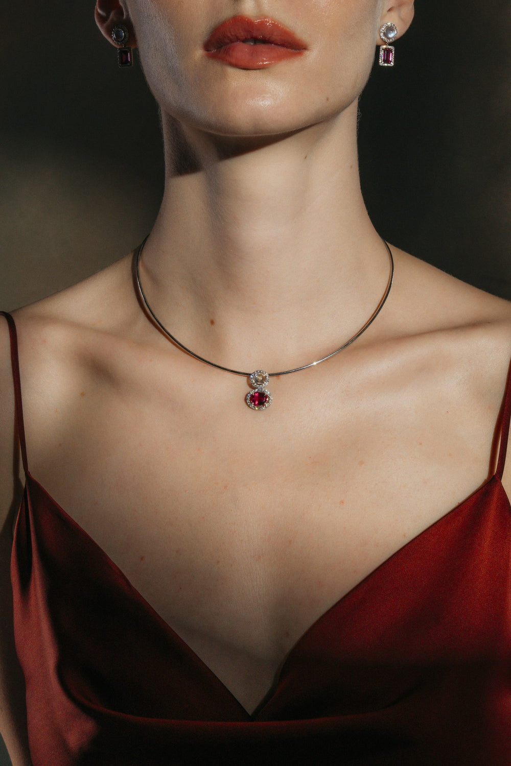 Pink Moon Pendant on the model