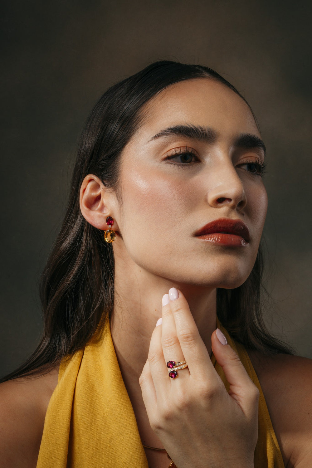 Velvet Rose Rhodolite and Diamond Ring on the model