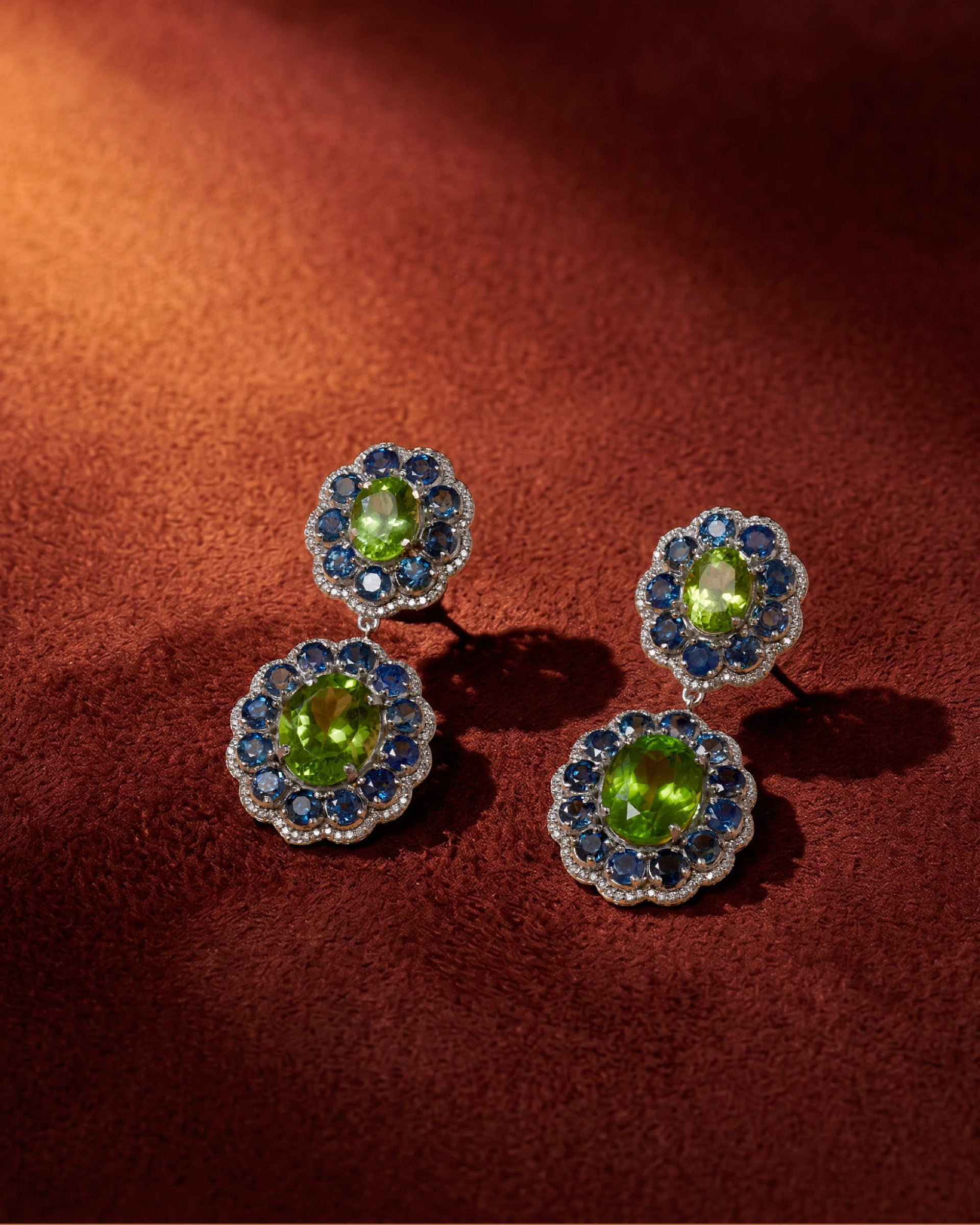 Peridot and sapphire cluster drop earrings